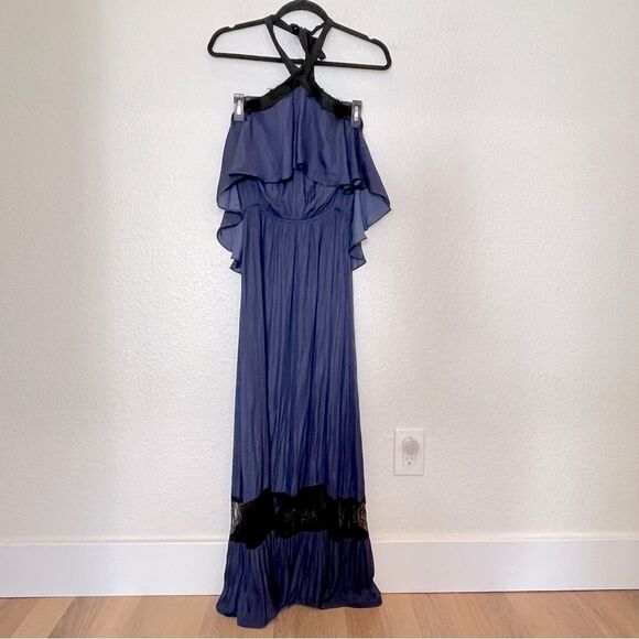 Aqua Popover Lace Inset Halter Silky Midi Dress in Blue/Black size Medium - Picture 2 of 14